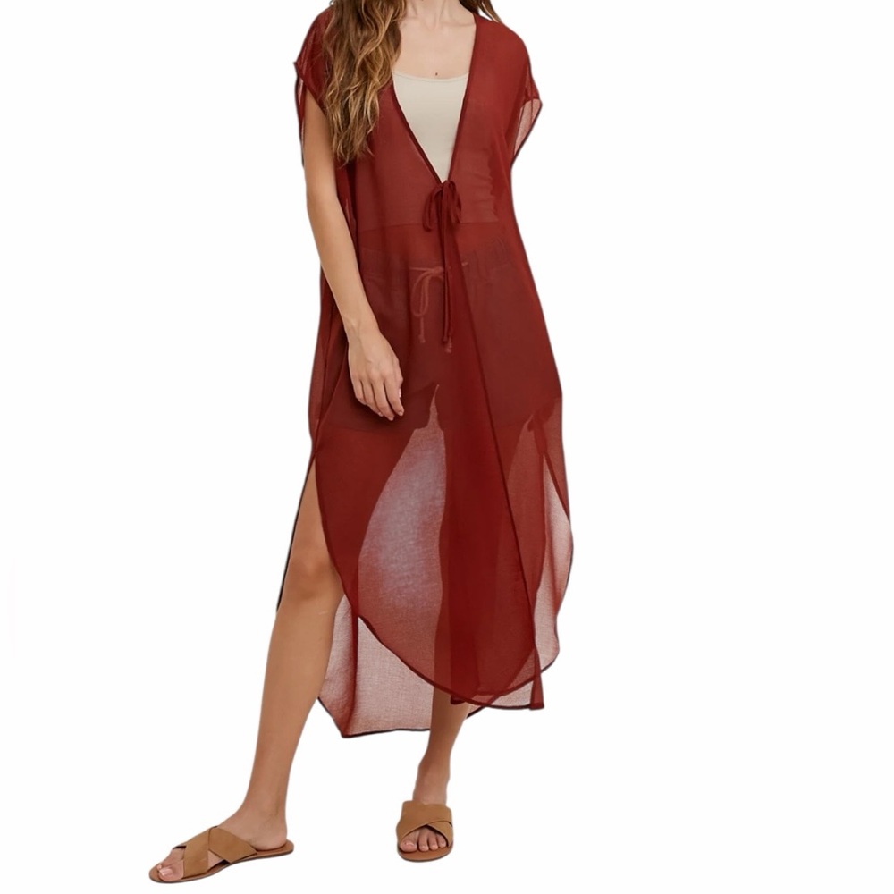 by Anthropologie Sheer Rust Kimono Tie Front Swim Cover-Up S/M